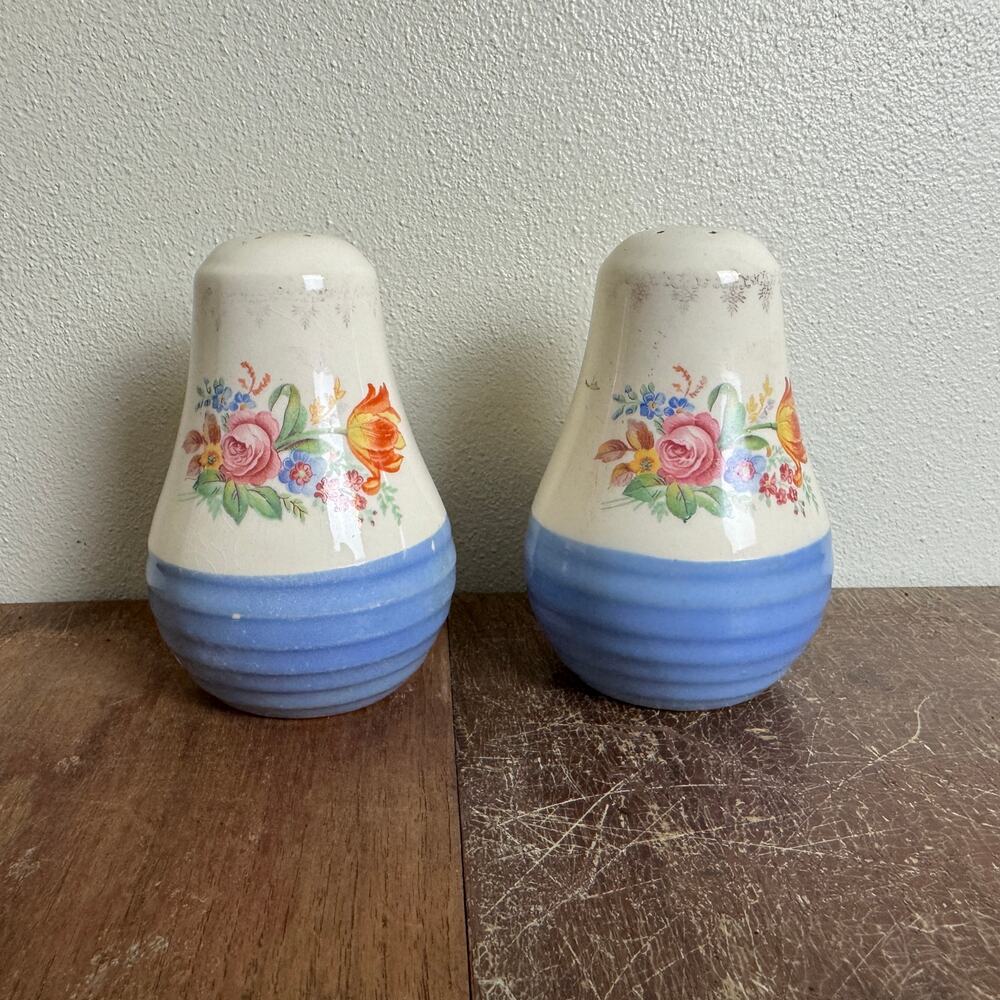 Blue White Vintage Floral Transferware Ceramic Salt & Pepper Shakers